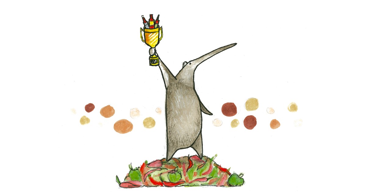 The year's best hot sauces - Illustration of an Anteater holding a golden trophy fill with hot sauces bottles, standing on top of a pile of hot chile peppers.